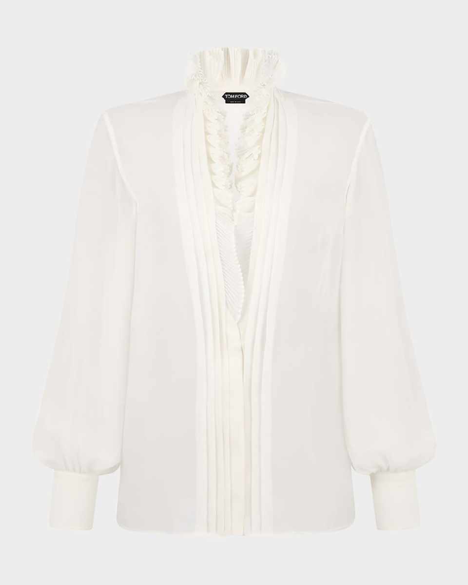 Pleated Puff Sleeve Blouse with Ruffle Trim